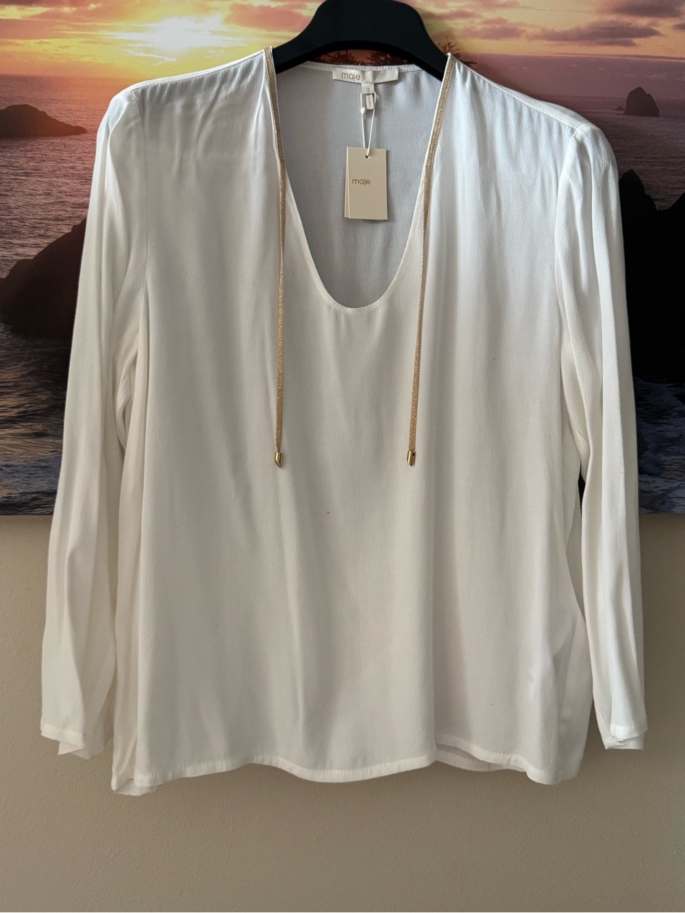 Maje Cream Long-Sleeve Scoop Neck Blouse with Gold Tie Accents/3/ M